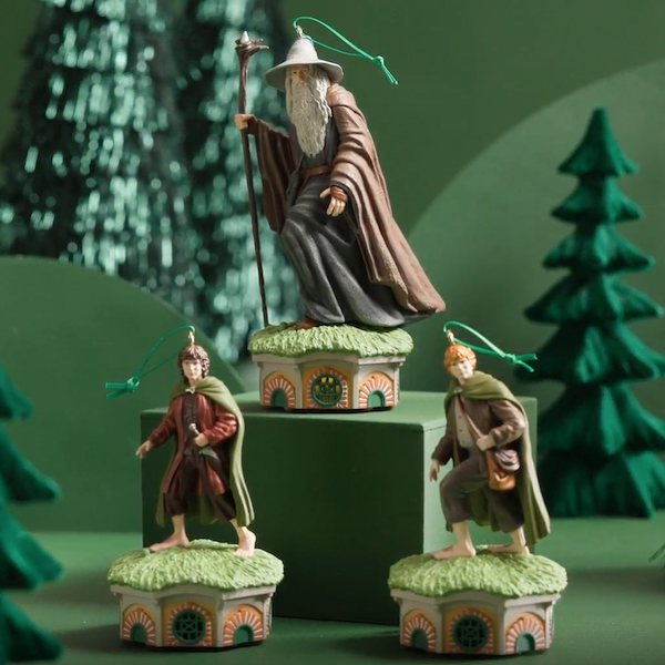 A trio of Storytellers Keepsake Ornaments featuring Frodo, Sam and Gandalf from The Lord of the Rings: The Fellowship of the Ring movie.